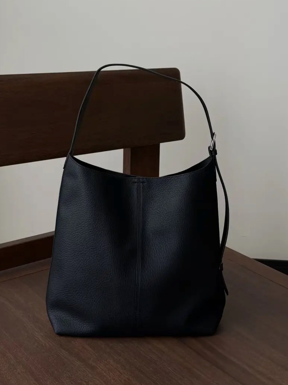Vintage Black Leather Shoulder Bag Minimal Hobo Tote